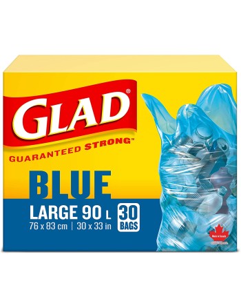 Glad Blue Recycling Bags - Large 90 Litres - Easy-Tie Handles, 30 Trash Bags, Case of 8x30ct