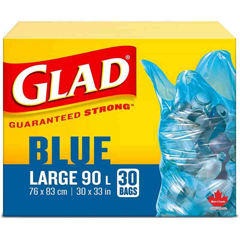 Glad Blue Recycling Bags - Large 90 Litres - Easy-Tie Handles, 30 Trash Bags, Case of 8x30ct