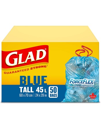 Glad Blue Recycling Bags - Tall 45 Litres - ForceFlex, Drawstring, 50 Trash Bags, Case of 24 x 10ct