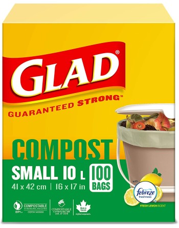 Glad 100% Compostable Bags - Small 10 Litres - Lemon Scent, 100 Trash Bags, Case of 12x20ct