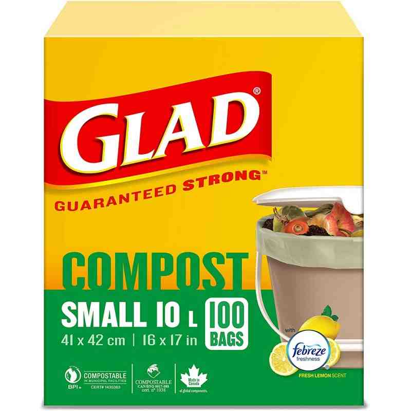Glad 100% Compostable Bags - Small 10 Litres - Lemon Scent, 100 Trash Bags, Case of 12x20ct