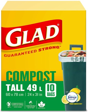 Glad 78163 100% Compostable Bags - Tall 49 Litres - Lemon Scent, 10 Trash Bags, Case of 12x10ct - [DefendUse.com] - 78163 - Glad