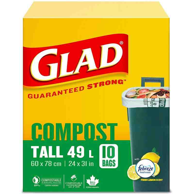Glad 78163 100% Compostable Bags - Tall 49 Litres - Lemon Scent, 10 Trash Bags, Case of 12x10ct - [DefendUse.com] - 78163 - Glad