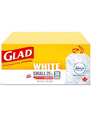 Glad White Garbage Bags - Tall 45 Litres - ForceFlex, Drawstring, with Febreze Fresh Clean Scent, Trash Bags, Case of 6x34ct