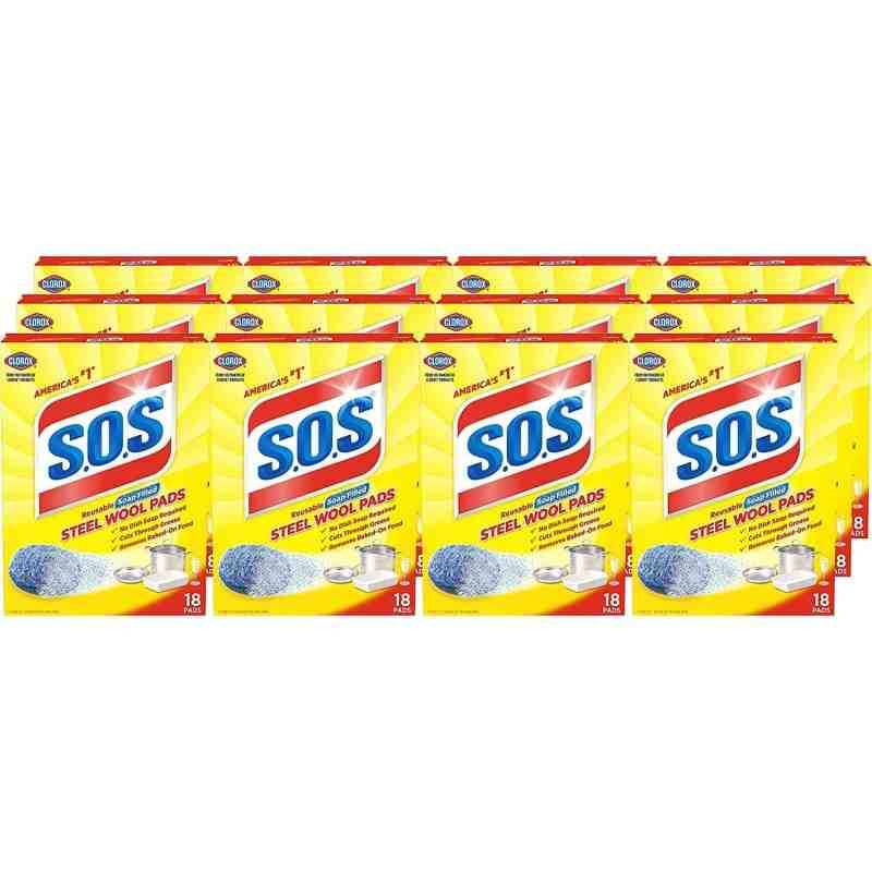 CLOROX 98026 S.O.S, Cleaning Pads, Steel Wool Pads, Regular, Case of 12/18ct - [DefendUse.com] - 98026 - Clorox® Cleaning Produc