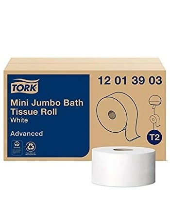 Tork® 12013903  Advanced Mini Jumbo Bath Tissue Roll, 1-Ply, White, 1200'/Roll, 12 Rolls/Case - [DefendUse.com] - 12013903 - Tor