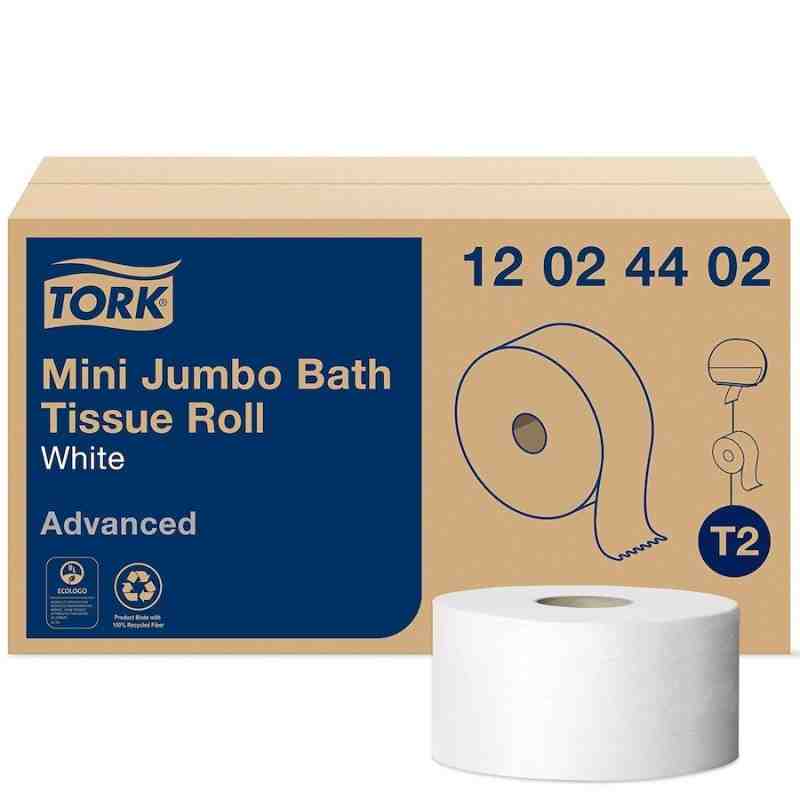 Tork® Mini Jumbo Bath Toilet Tissue Roll, Perforated, 2-Ply, 1,075 Sheets/Roll, 12 Rolls/Case - [Cleaning Supplies Canada Discou