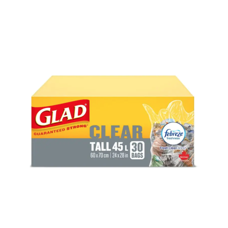 Glad Clear Garbage Bags - Tall 45 Litres - Febreze Fresh Clean Scent, 30 Trash Bags - [Cleaning Supplies Canada Discounts] - 302