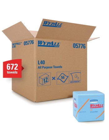 Kimberly-Clark 05776 Blue WYPALL L40 Wipers, Quarterfold, 12" W x 12.5" L (Pack of 12) - [DefendUse.com] - 05776 - WypAll® Indus