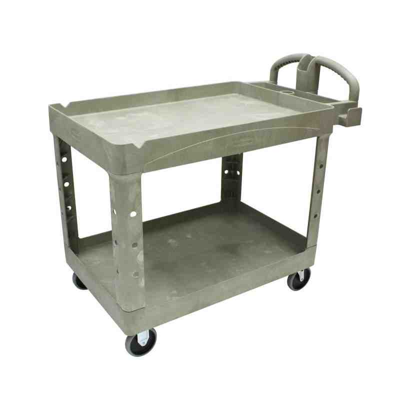 Rubbermaid FG452088BEIG Beige Medium Lipped Two Shelf Utility Cart with Ergonomic Handle - [DefendUse.com] - FG452088BEIG - Util