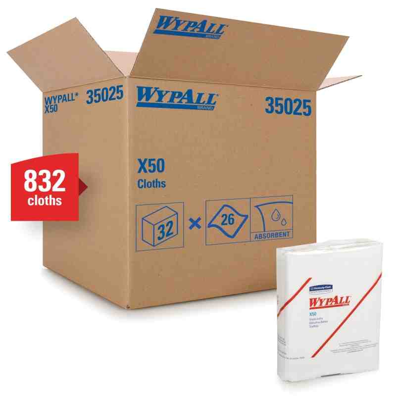 WypAll* 35025 X50 Extended Use Cleaning Wiper, 12-1/2 x 10 in, 26 Sheets Capacity, Hydroknit*, White - [DefendUse.com] - 35025 -