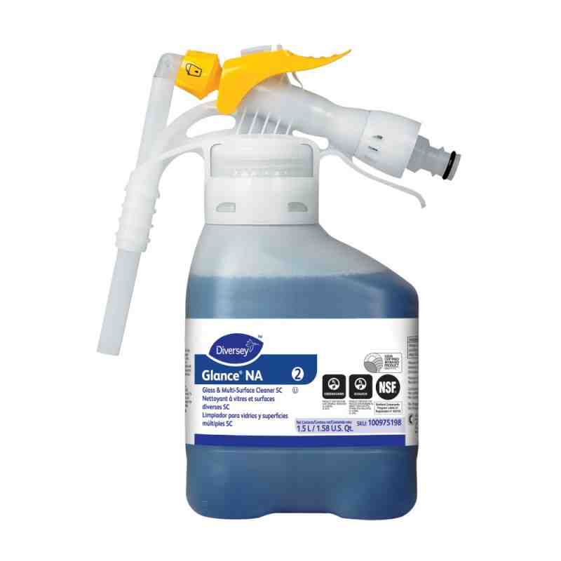 Diversey™ 100975198 Glance® Non-Ammoniated Glass & Multi-Surface Cleaner, Blue Liquid, No Added Fragrance, 1.4L, 2/Case - [Defen