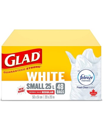 Glad® 30220 White Garbage Bags, Small, 25 L, Febreze Fresh Clean Scent, White, 100 Bag/Pack, 8 Pack/Case - [DefendUse.com] - 302