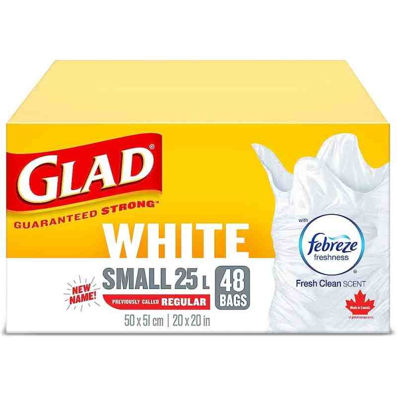 Glad® 30220 White Garbage Bags, Small, 25 L, Febreze Fresh Clean Scent, White, 100 Bag/Pack, 8 Pack/Case - [DefendUse.com] - 302