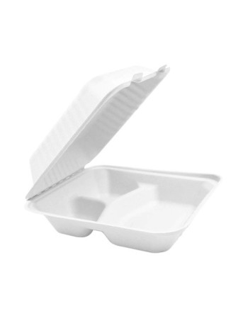 GLOBE  6014 Compostable Hinged Cont w/3 Section-8x8x3"-50bg/4bg/cs, Case: 200 - 50bg/4bg/cs - [DefendUse.com] - 6014 - Compostab