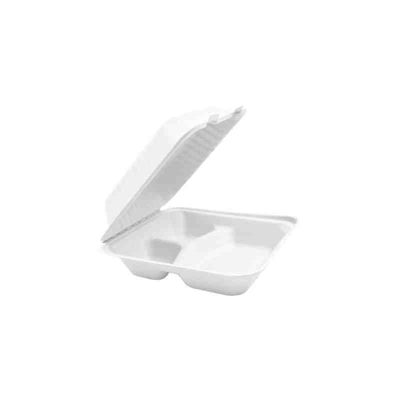 GLOBE  6014 Compostable Hinged Cont w/3 Section-8x8x3"-50bg/4bg/cs, Case: 200 - 50bg/4bg/cs - [DefendUse.com] - 6014 - Compostab