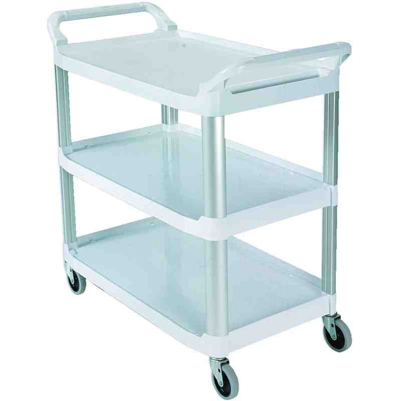 Rubbermaid FG409100OWHT Xtra Off-White 300 lb. Three Shelf Utility Cart / Bus Cart 40" x 20" x 37" - [DefendUse.com] - FG409100O