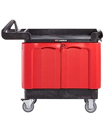Rubbermaid Commercial TradeMaster Cart with Cabinet, 38" L x 42" W x 18" H, Black/Red (FG451288BLA) - [Cleaning Supplies Canada 