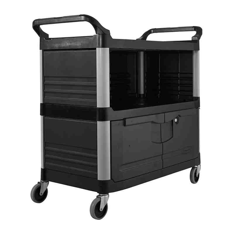 Rubbermaid FG409500BLA Xtra Black 300 lb. Equipment Cart with Lockable Doors - [DefendUse.com] - FG409500BLA - Rubbermaid® Servi