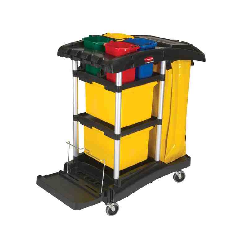 Rubbermaid FG9T7400BLA HYGEN Microfiber High Capacity Janitor Cart with Color Coded Pails - [Cleaning Supplies Canada Discounts]