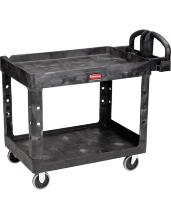 Rubbermaid FG454610BLA Black Large Lipped Heavy Duty Two Shelf Utility Cart with Ergonomic Handle and 8" Pneumatic Casters - [Cl