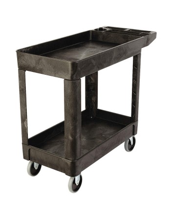 Rubbermaid FG450089BLA Black Small Lipped Two Shelf Utility Cart with Extended Handle - [DefendUse.com] - FG450089BLA - Utility 