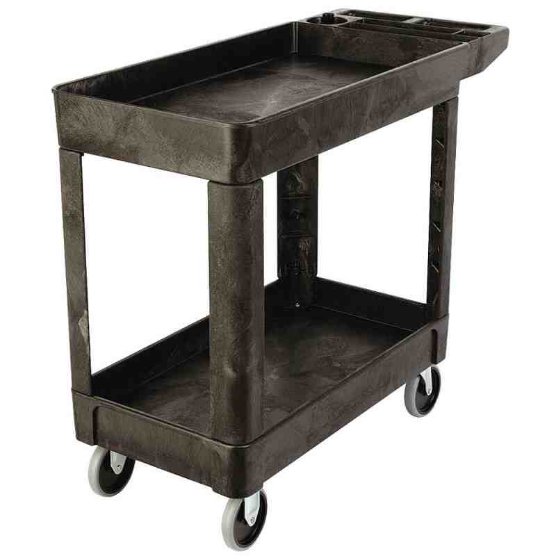 Rubbermaid FG450089BLA Black Small Lipped Two Shelf Utility Cart with Extended Handle - [DefendUse.com] - FG450089BLA - Utility 