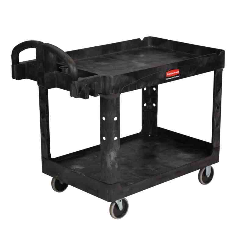 Rubbermaid FG452088BLA Black Medium Lipped Two Shelf Utility Cart with Ergonomic Handle - [DefendUse.com] - FG452088BLA - Utilit