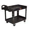 Rubbermaid FG452088BLA Black Medium Lipped Two Shelf Utility Cart with Ergonomic Handle