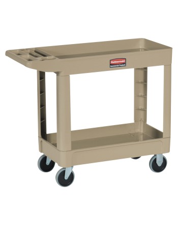 Rubbermaid FG452089BEIG Beige Medium Lipped Two Shelf Utility Cart with Extended Handle - [Cleaning Supplies Canada Discounts] -