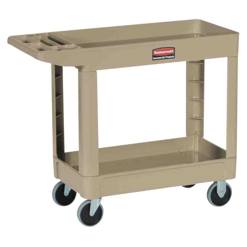 Rubbermaid FG452089BEIG Beige Medium Lipped Two Shelf Utility Cart with Extended Handle - [Cleaning Supplies Canada Discounts] -