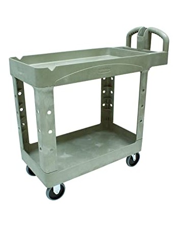 Rubbermaid FG450088BEIG Beige Small Lipped Two Shelf Utility Cart with Ergonomic Handle - [Cleaning Supplies Canada Discounts] -