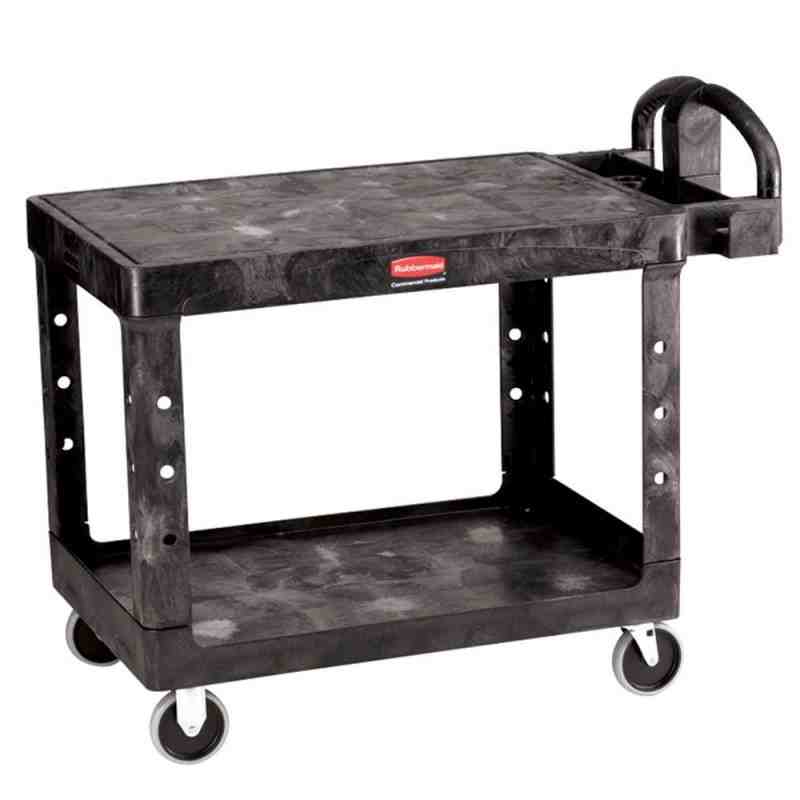 Rubbermaid FG452500BLA Black Medium Flat Two Shelf Utility Cart with Ergonomic Handle - [Cleaning Supplies Canada Discounts] - F
