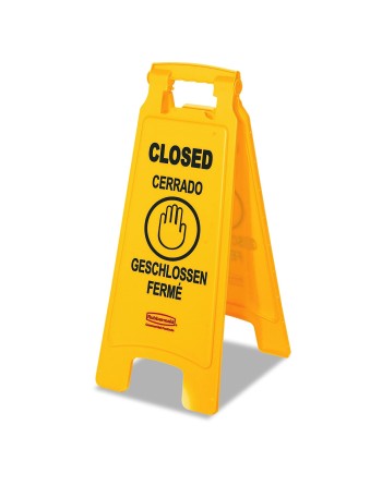 RUBBERMAID Closed Safety Signs, Quadrilingual with Pictogram Imprint 2-Sided 25"H, 6/EA - [Cleaning Supplies Canada Discounts] -