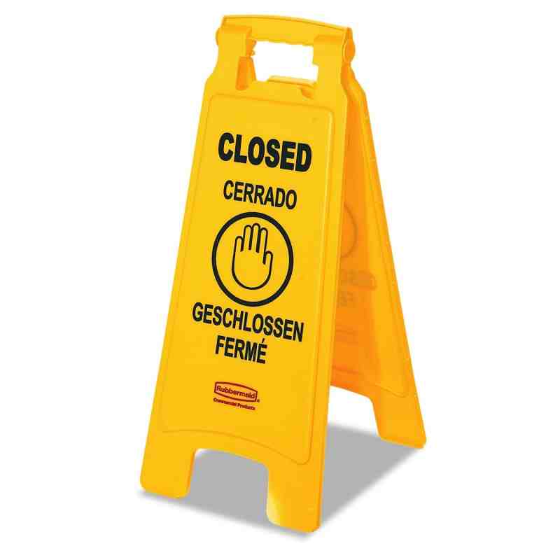 RUBBERMAID Closed Safety Signs, Quadrilingual with Pictogram Imprint 2-Sided 25"H, 6/EA - [Cleaning Supplies Canada Discounts] -