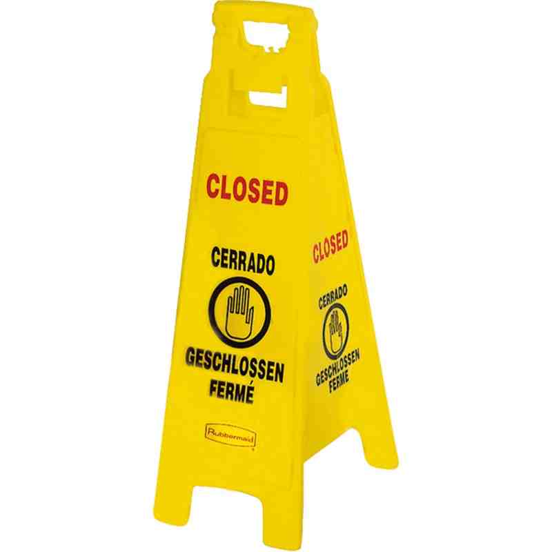 Rubbermaid FG611278YEL 25" Yellow Double Sided Multi-Lingual Wet Floor Sign - "Closed" - [Cleaning Supplies Canada Discounts] - 