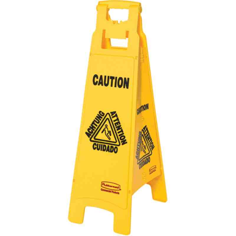 Rubbermaid FG611400YEL 37" Yellow 4-Sided Multi-Lingual Wet Floor Sign - "Caution" - [Cleaning Supplies Canada Discounts] - FG61