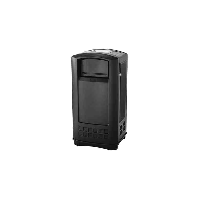 Rubbermaid FG9P9100BLA Plaza Black Square Junior Container with Side Opening Door and Ashtray Top 35 Gallon - [DefendUse.com] - 