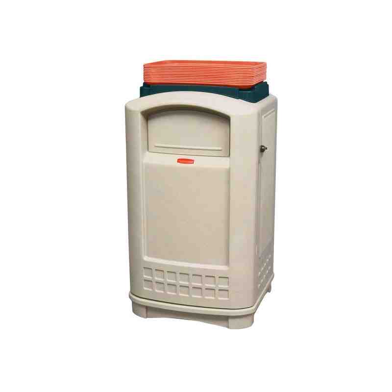 Rubbermaid FG396300BEIG Plaza Beige Square Container with Side Opening Door and Tray Top 50 Gallon - [Cleaning Supplies Canada D