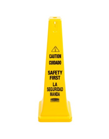 Rubbermaid FG627687YEL 36" Yellow Bilingual Wet Floor Cone-Shaped Sign - "Caution Safety First" - [Cleaning Supplies Canada Disc