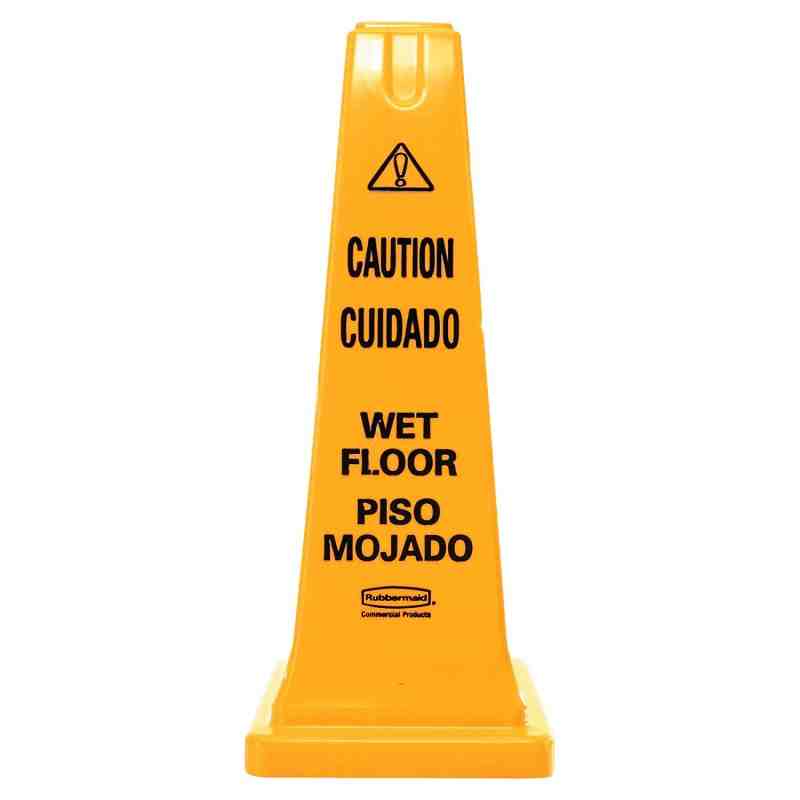 Rubbermaid FG627777YEL 25 3/4" Yellow Bilingual Cone-Shaped Sign - "Caution Wet Floor" - [Cleaning Supplies Canada Discounts] - 
